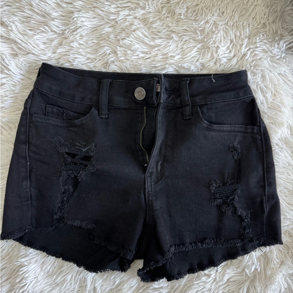SO Black Jean Shorts with Distressed Look and Raw Hem